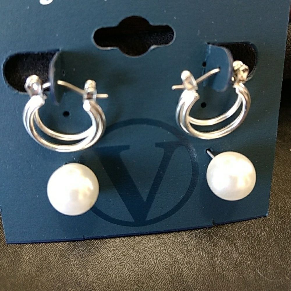 Joan Vass silver tone hoop and faux pearl earrings